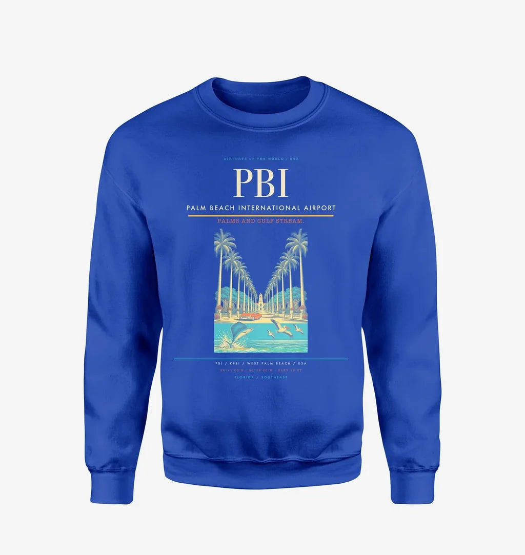 Palm Beach International Airport (PBI) design on blue sweatshirt