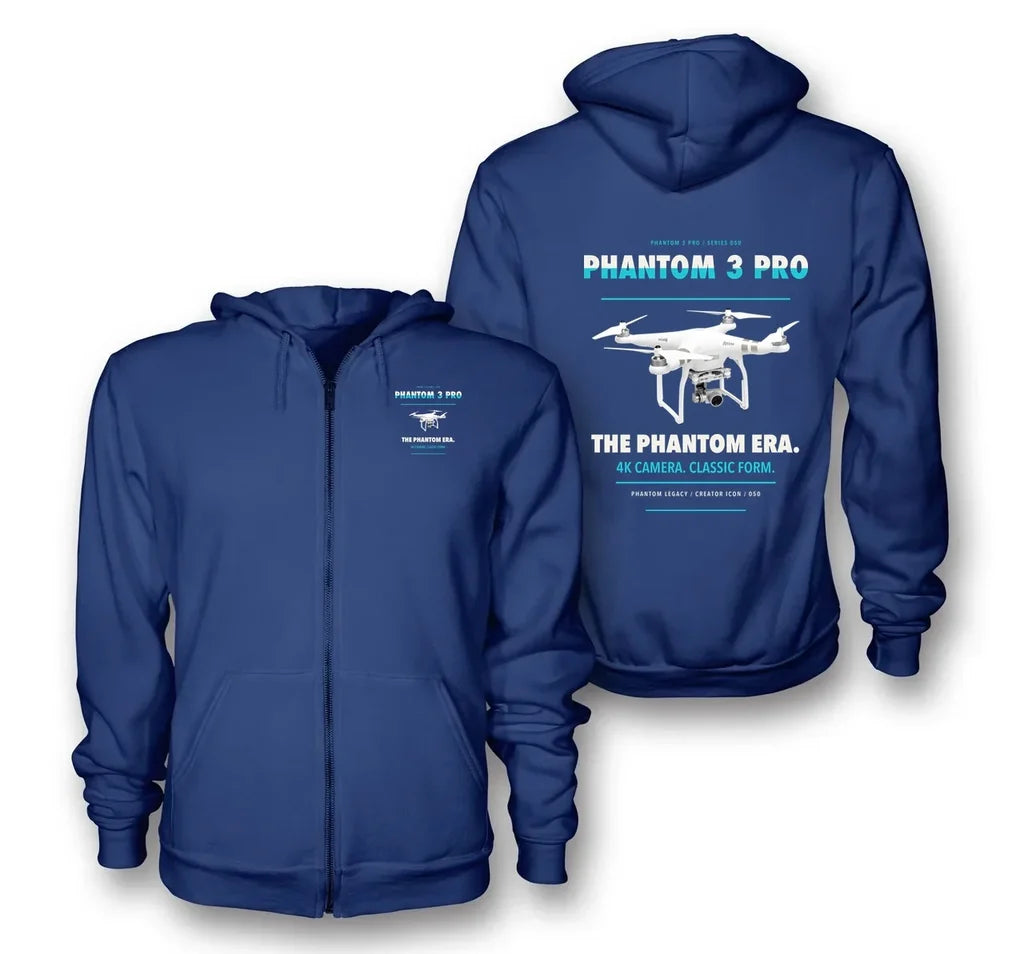 DJI Phantom 3 Professional design on blue zipped hoodie