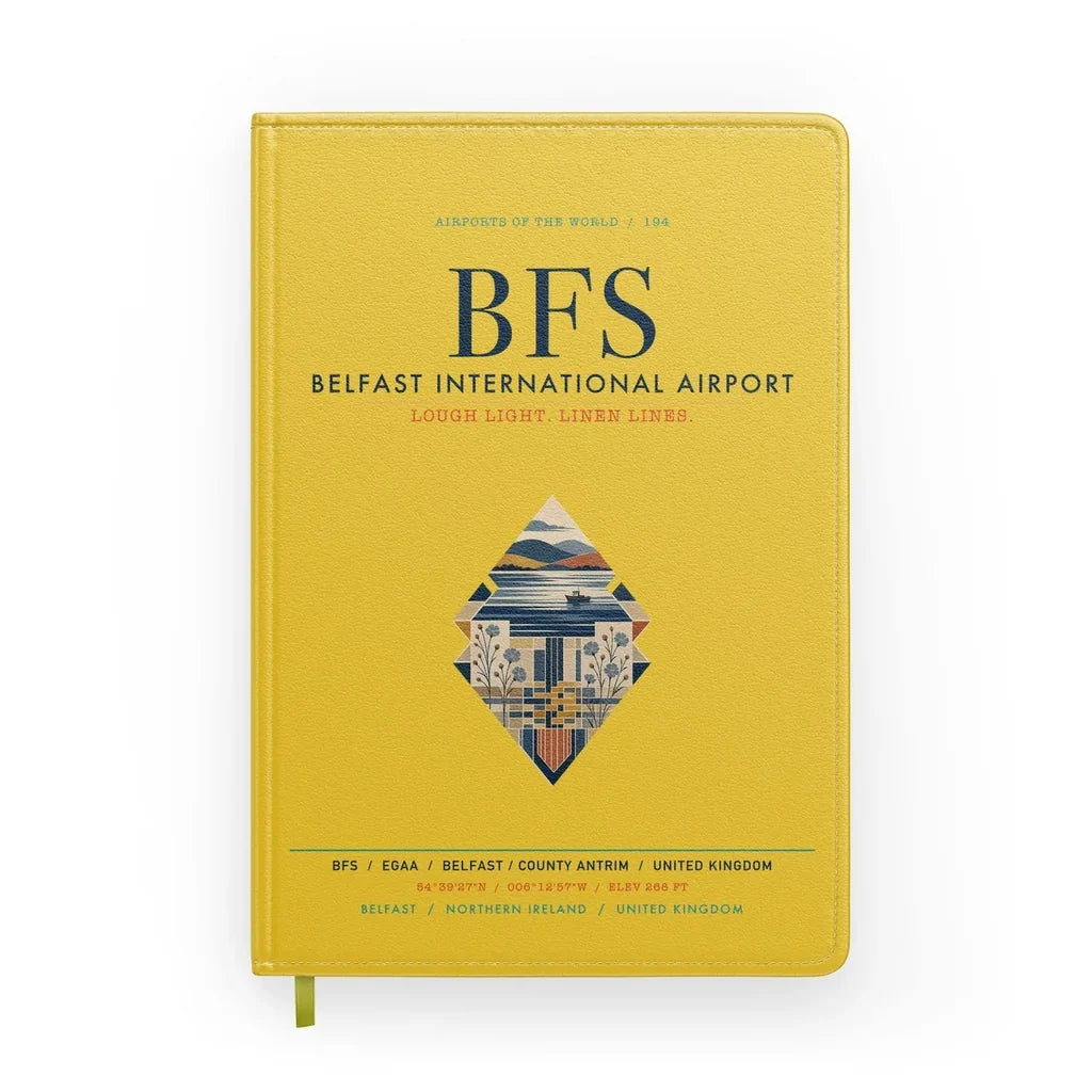 Belfast International Airport (BFS) design on yellow notebook