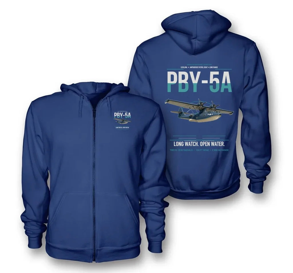 PBY-5A Catalina design on blue premium zipped hoodie, double-side print