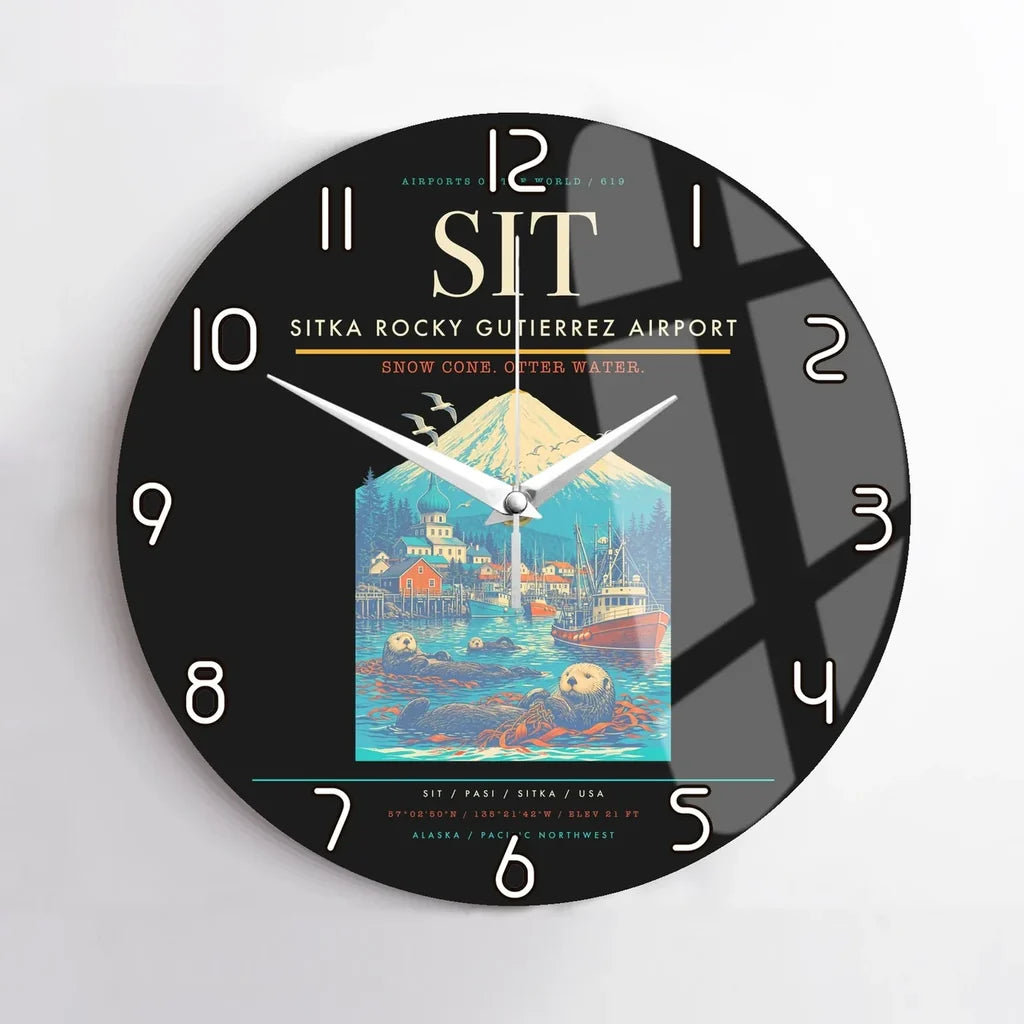 Sitka Rocky Gutierrez Airport (SIT) design on black no frame wall clock