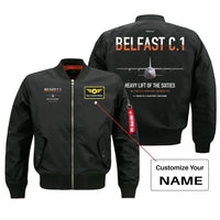 Thumbnail for Short Belfast C.1 design on black+name bomber jacket, double-side print