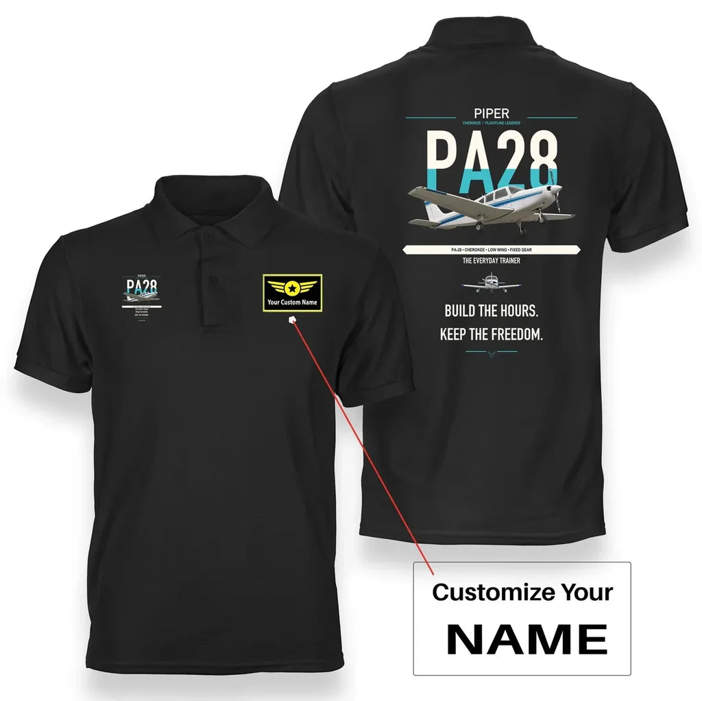 Piper PA-28 Cherokee design on black+name double-side polo t-shirt, double-side print