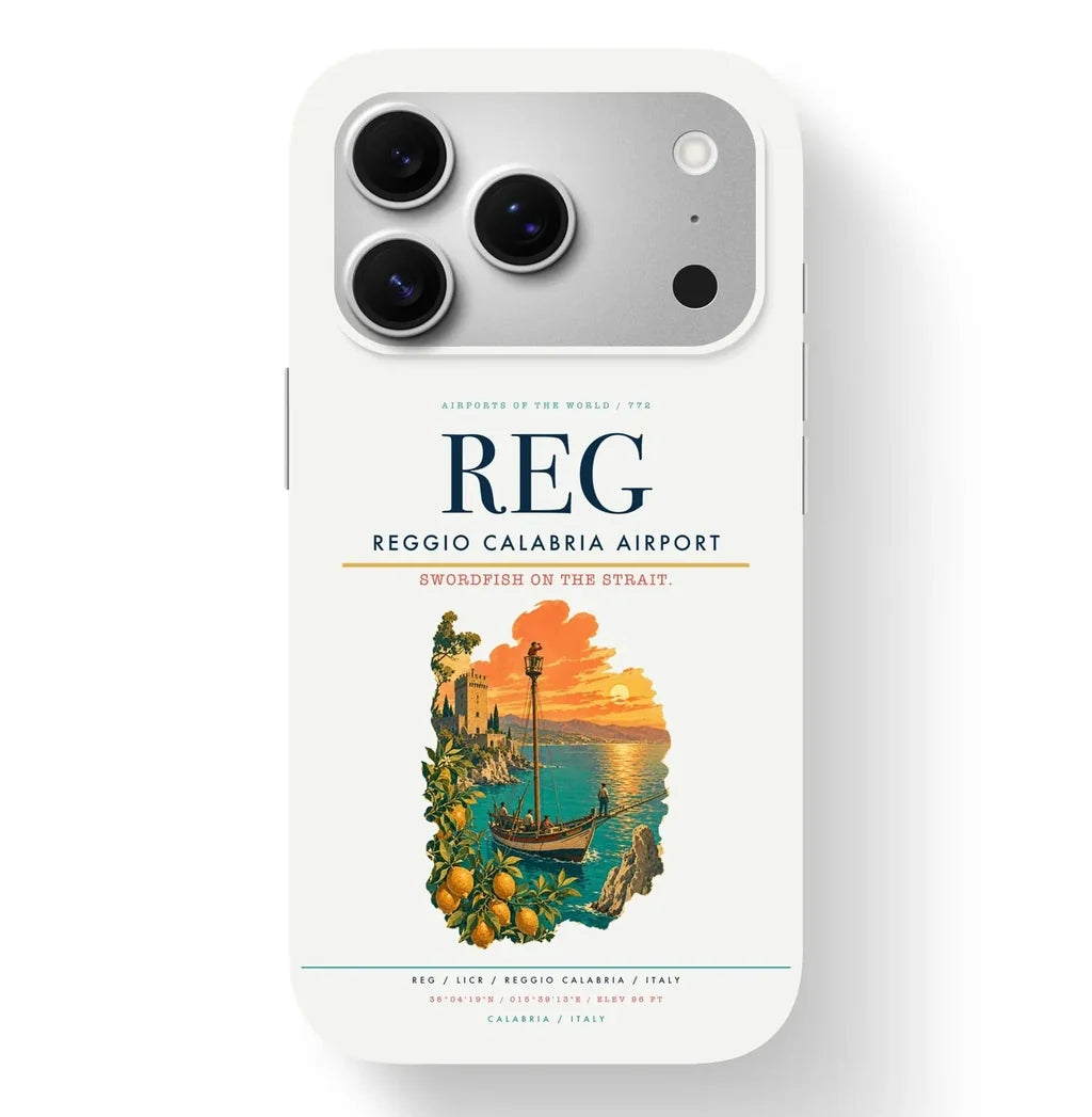 Reggio Calabria Airport (REG) design on white iPhone 17 Pro MagSafe case