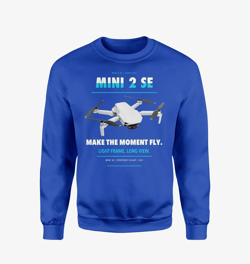 DJI Mini 2 SE design on blue sweatshirt