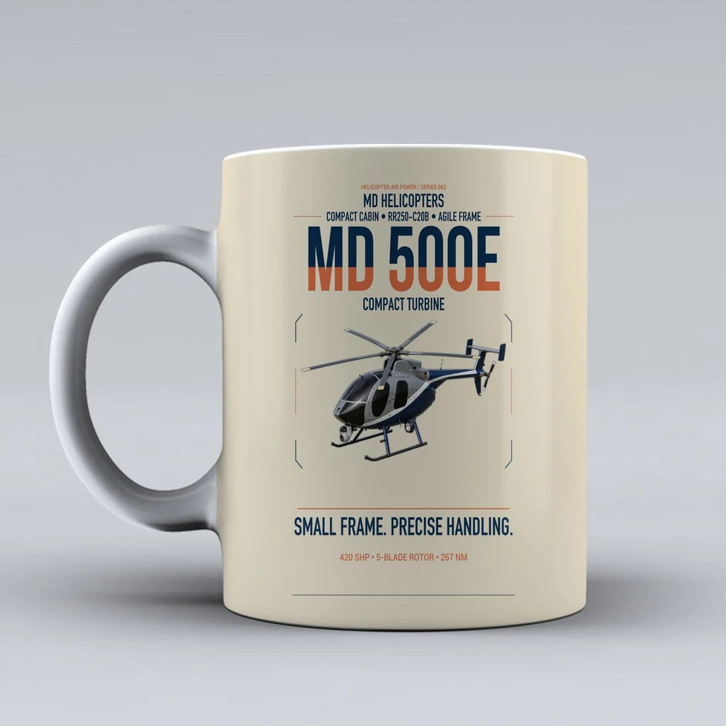 MD Helicopters MD 500E design on beige ceramic mug, double-side print