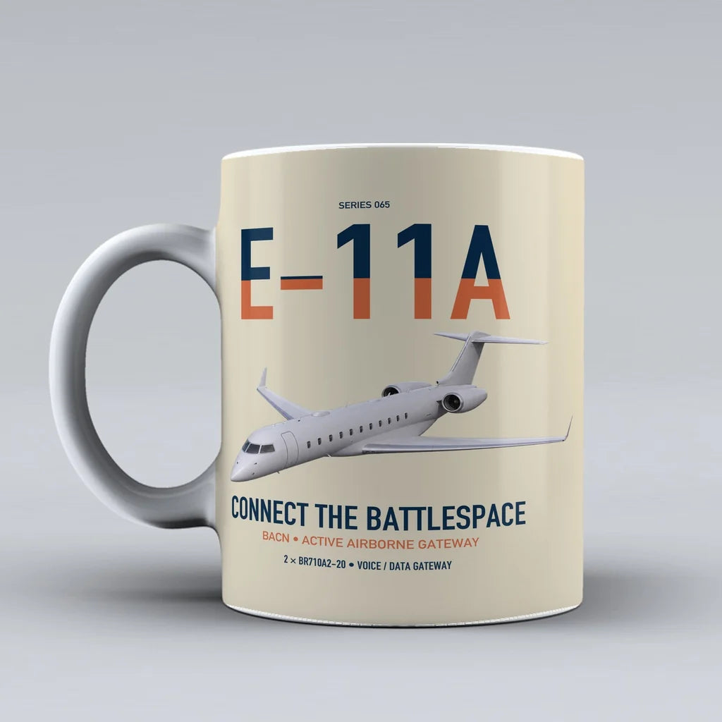 E-11A BACN design on beige ceramic mug, double-side print