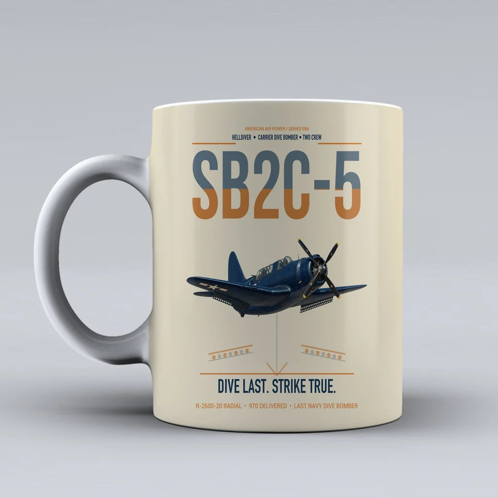 SB2C-5 Helldiver design on beige ceramic mug, double-side print