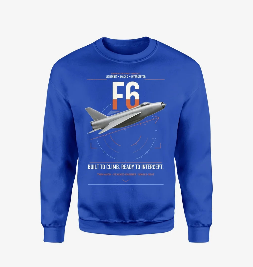 English Electric Lightning F6 design on blue sweatshirt