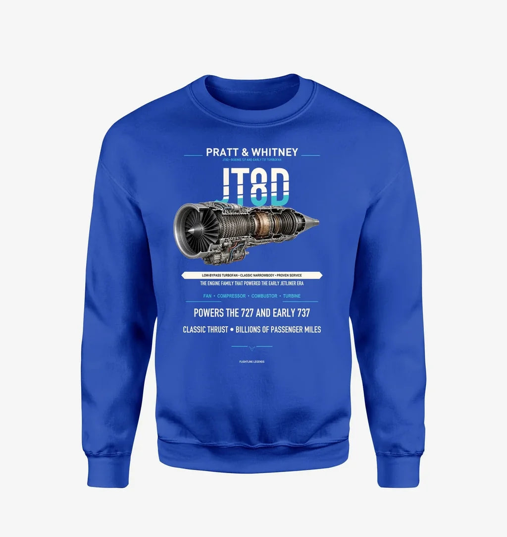 JT8D design on blue sweatshirt