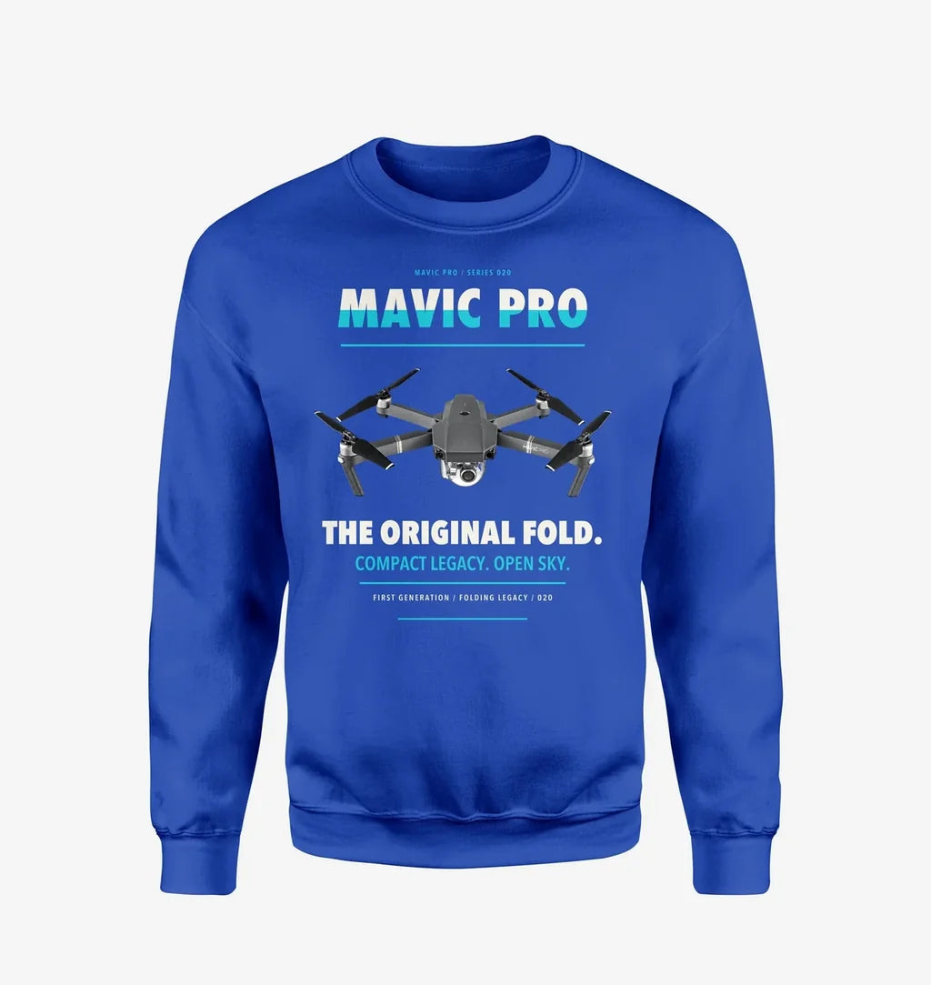 DJI Mavic Pro design on blue sweatshirt
