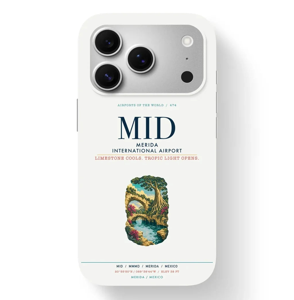 Merida Airport (MID) design on white iPhone 17 Pro MagSafe case