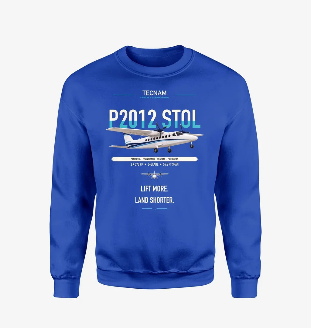 Tecnam P2012 STOL design on blue sweatshirt