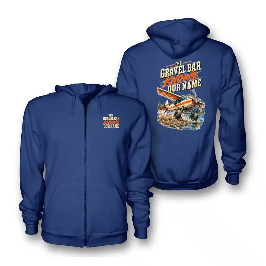 SIGNAL 662 - The Gravel Bar Knows Our Name - Zipped Hoodie design on blue zipped hoodie