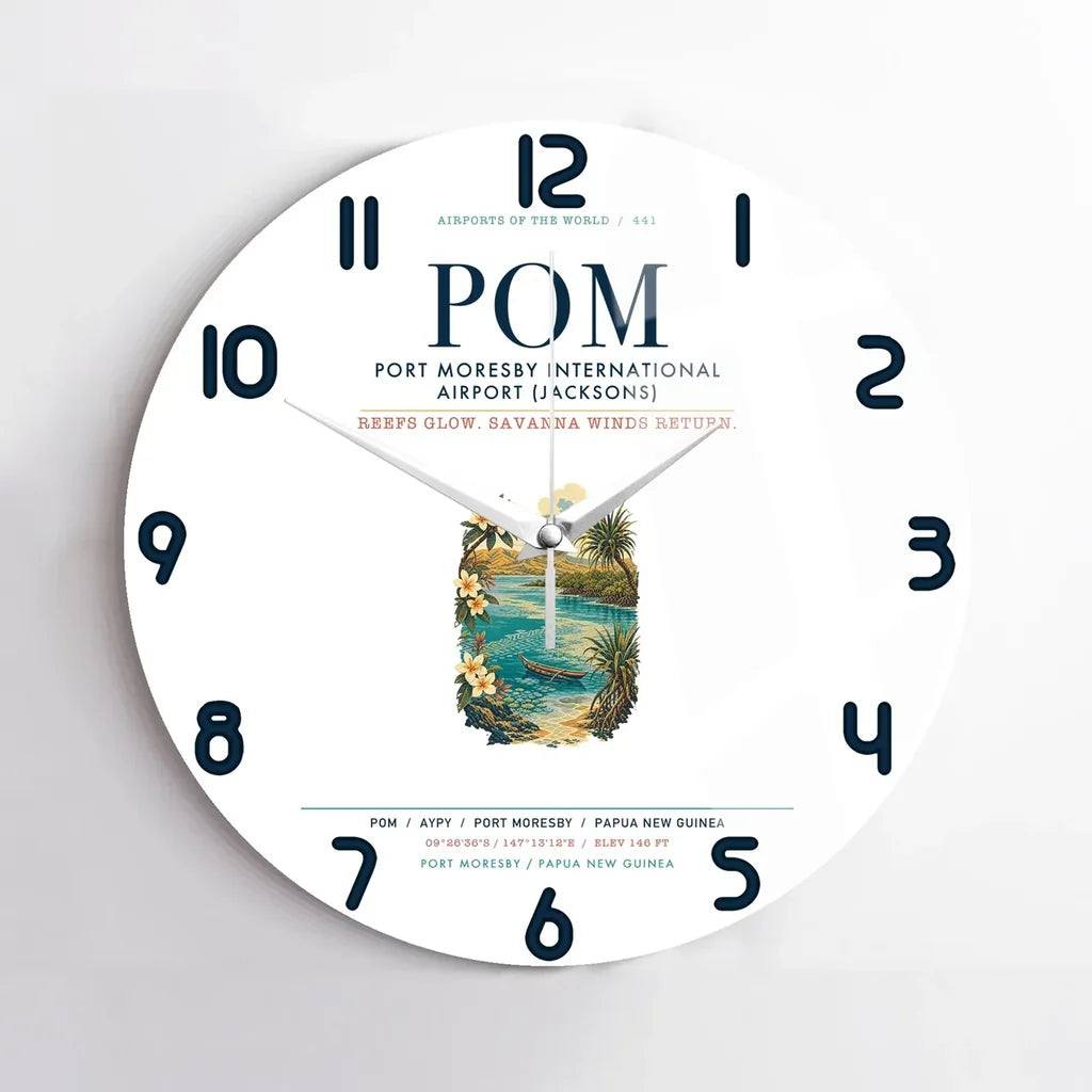 Port Moresby International Airport (POM) design on white no frame wall clock