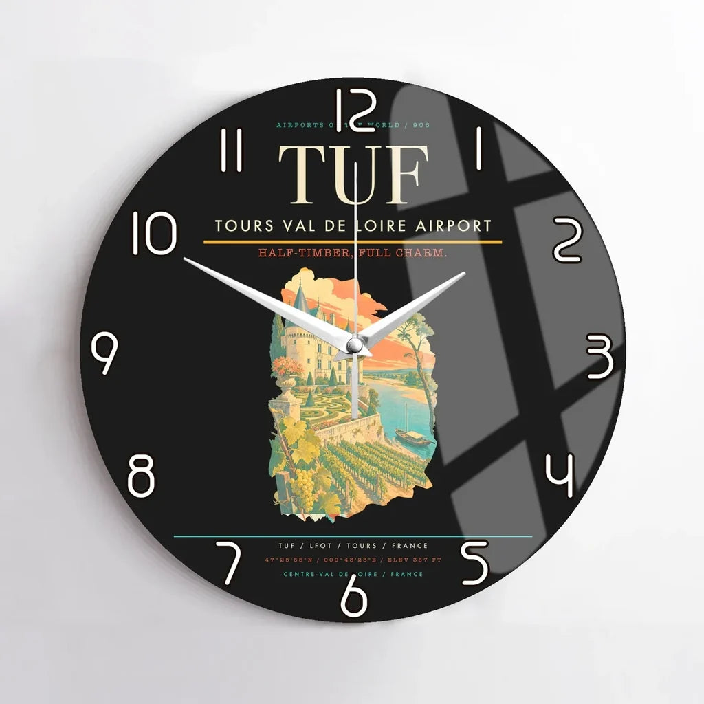 Tours Val de Loire Airport (TUF) design on black no frame wall clock