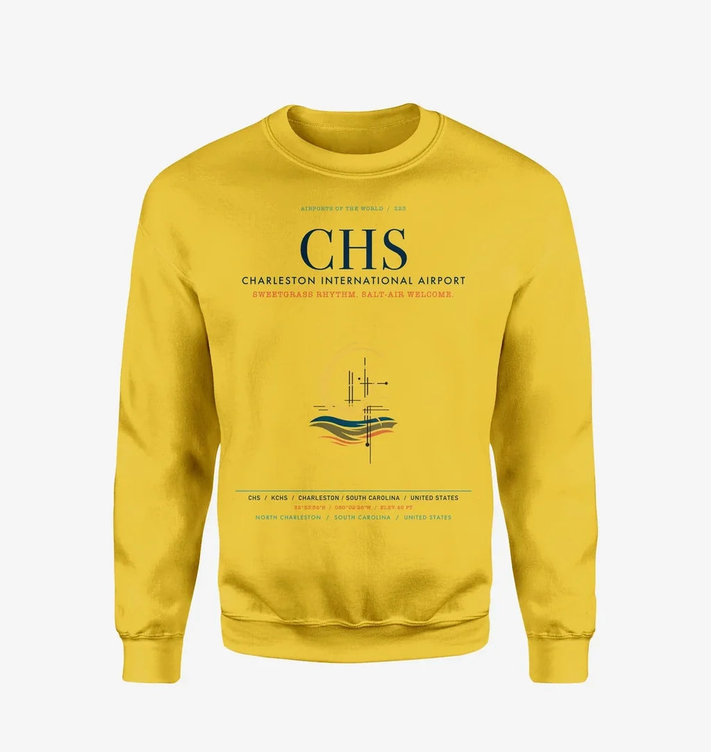 Charleston International Airport (CHS) design on yellow sweatshirt