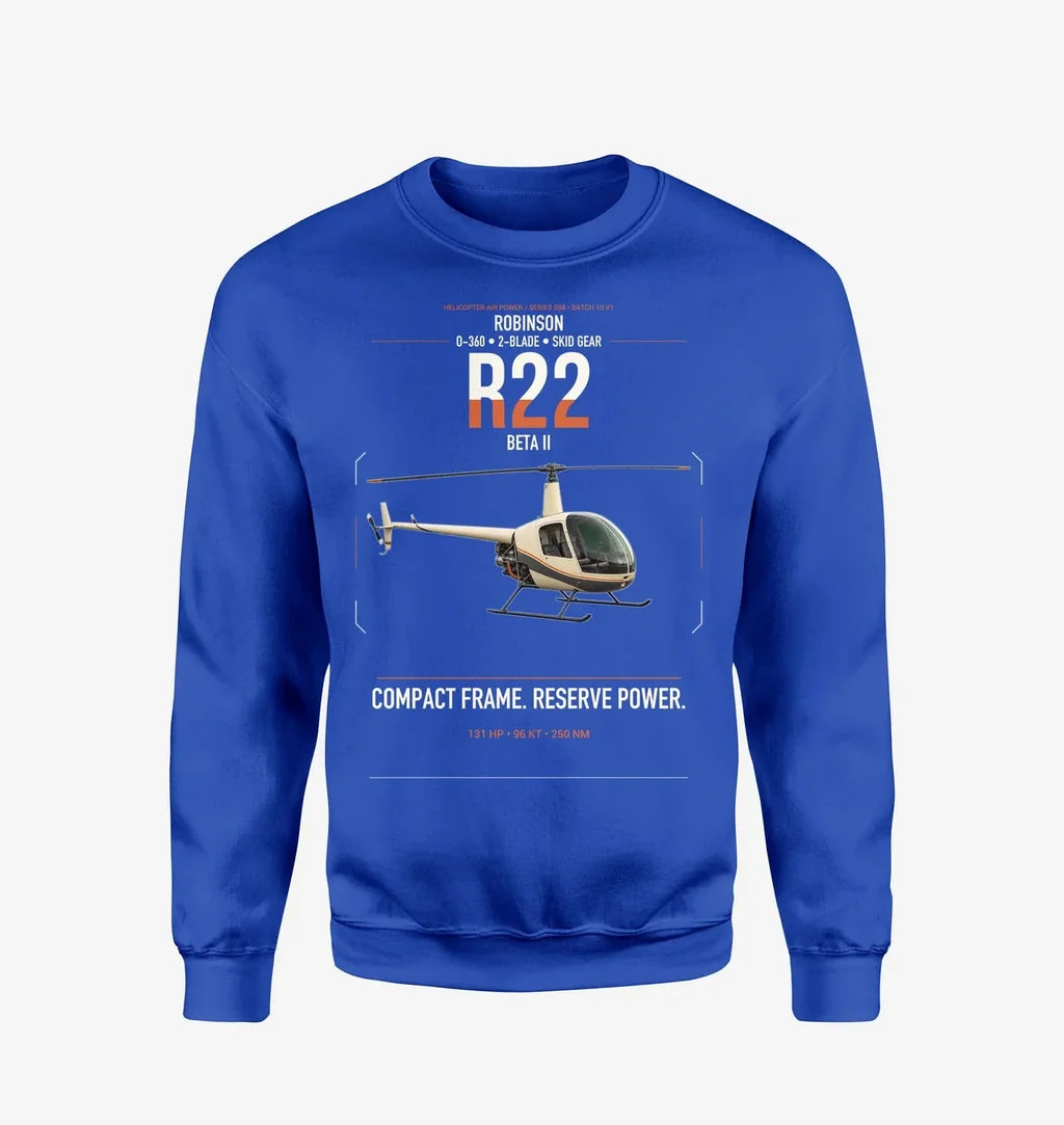 Robinson R22 Beta II design on blue sweatshirt