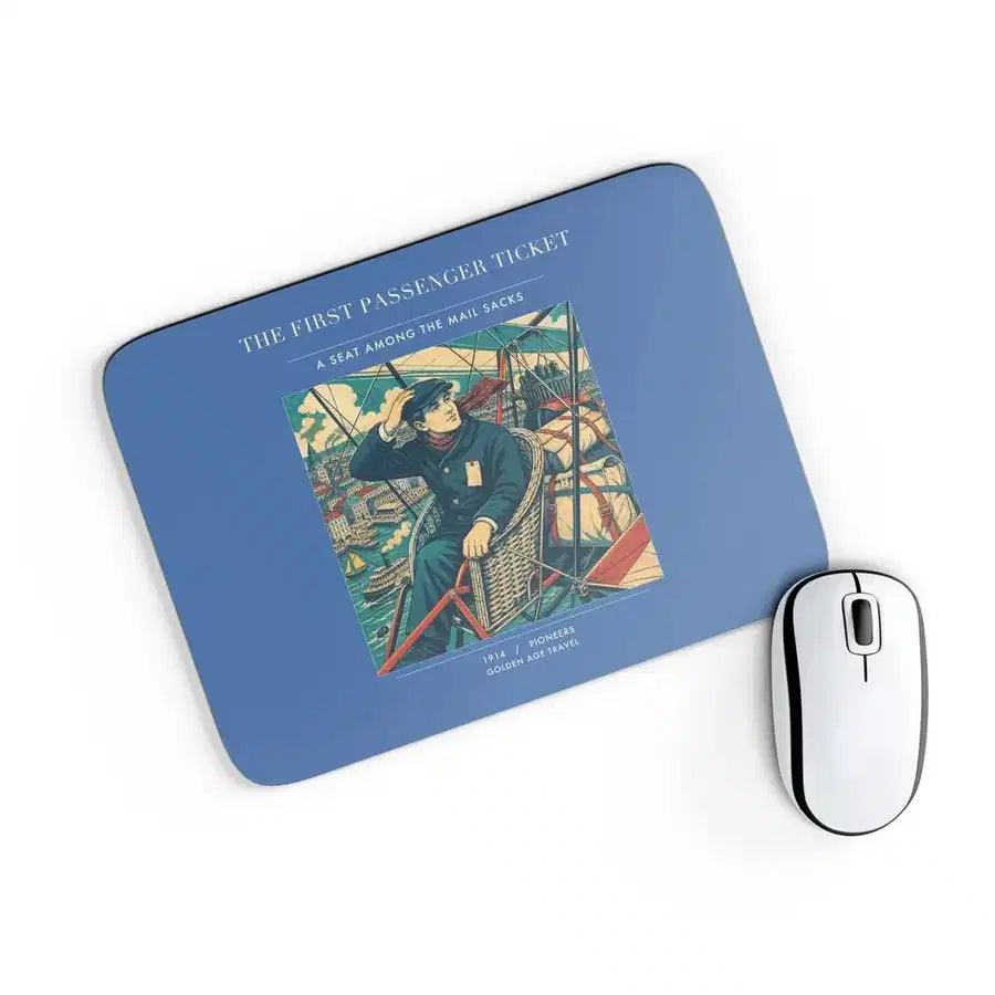 VINTAGE G4321 - The First Passenger Ticket - Designed Mouse Pads design on blue rectangle