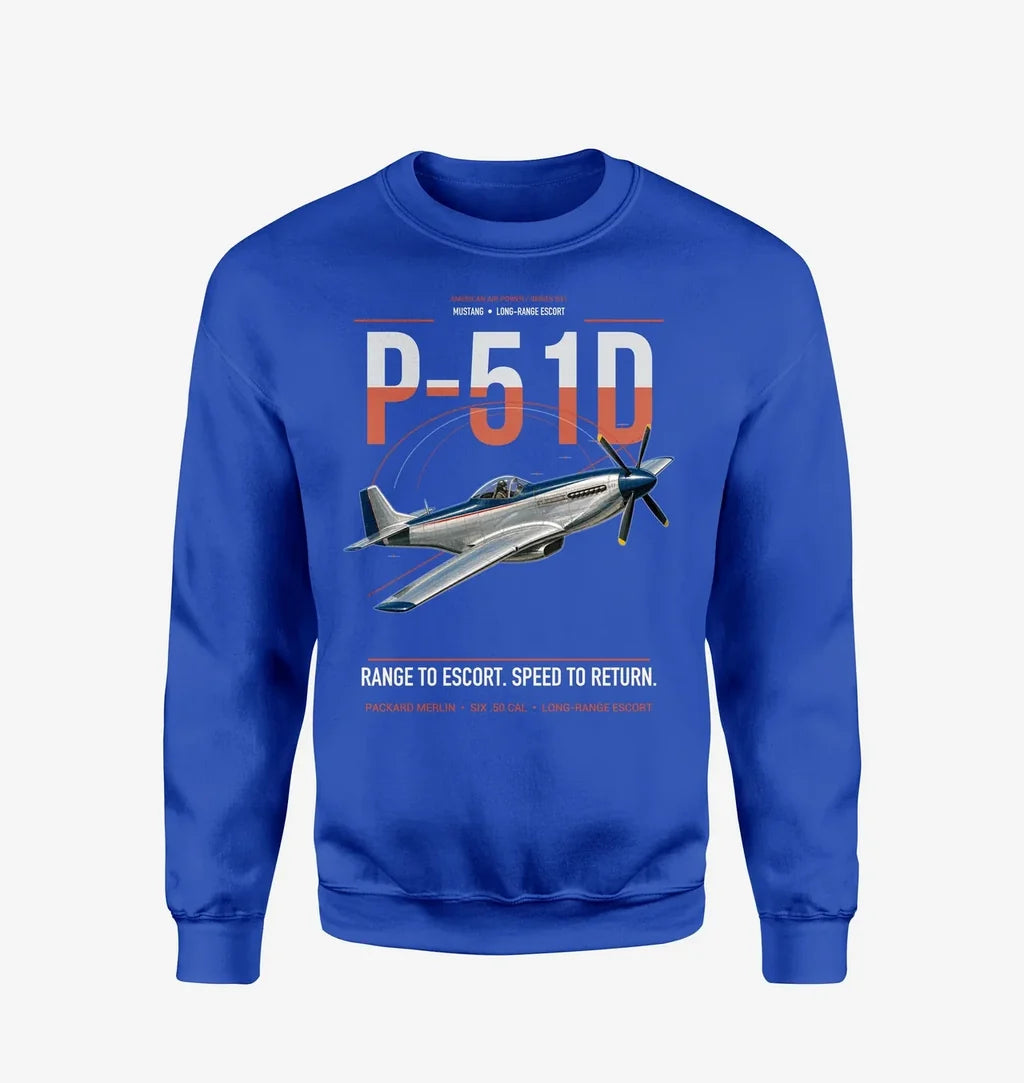 P-51D Mustang design on blue sweatshirt