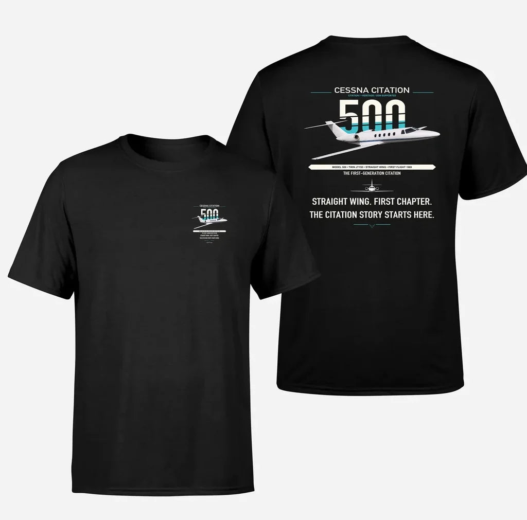 Cessna Citation 500 - Citation I design on black double-side t-shirt, double-side print