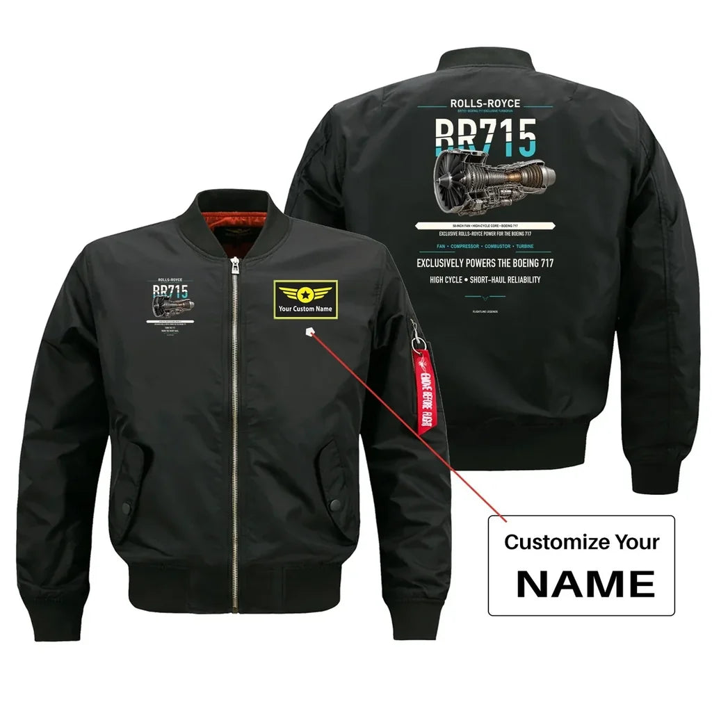 BR715 design on black bomber with custom name badge
