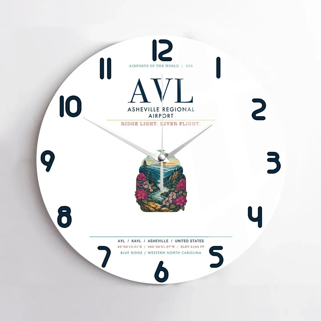 Asheville Regional Airport (AVL) design on white no frame wall clock