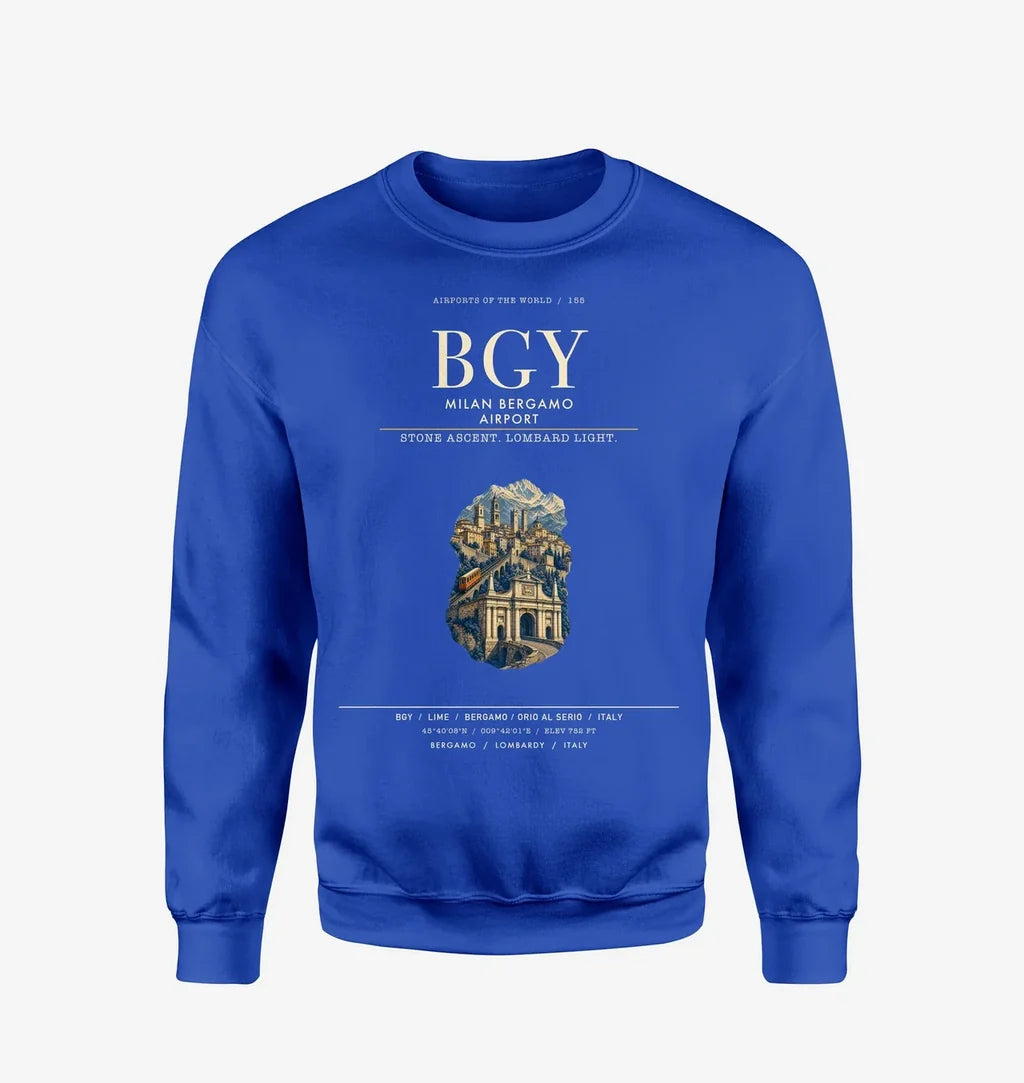 Milan Bergamo Airport (BGY) design on blue sweatshirt