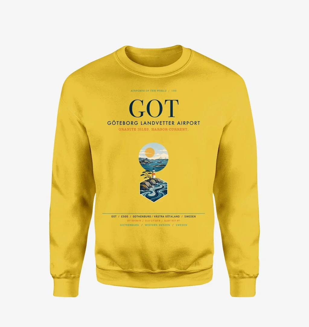 Göteborg Landvetter Airport (GOT) design on yellow sweatshirt