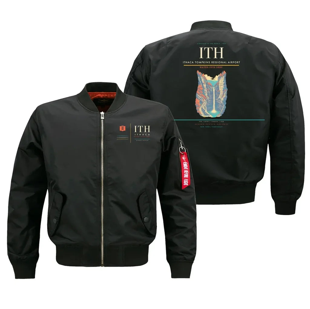 Ithaca Tompkins Regional Airport (ITH) design on black bomber jacket