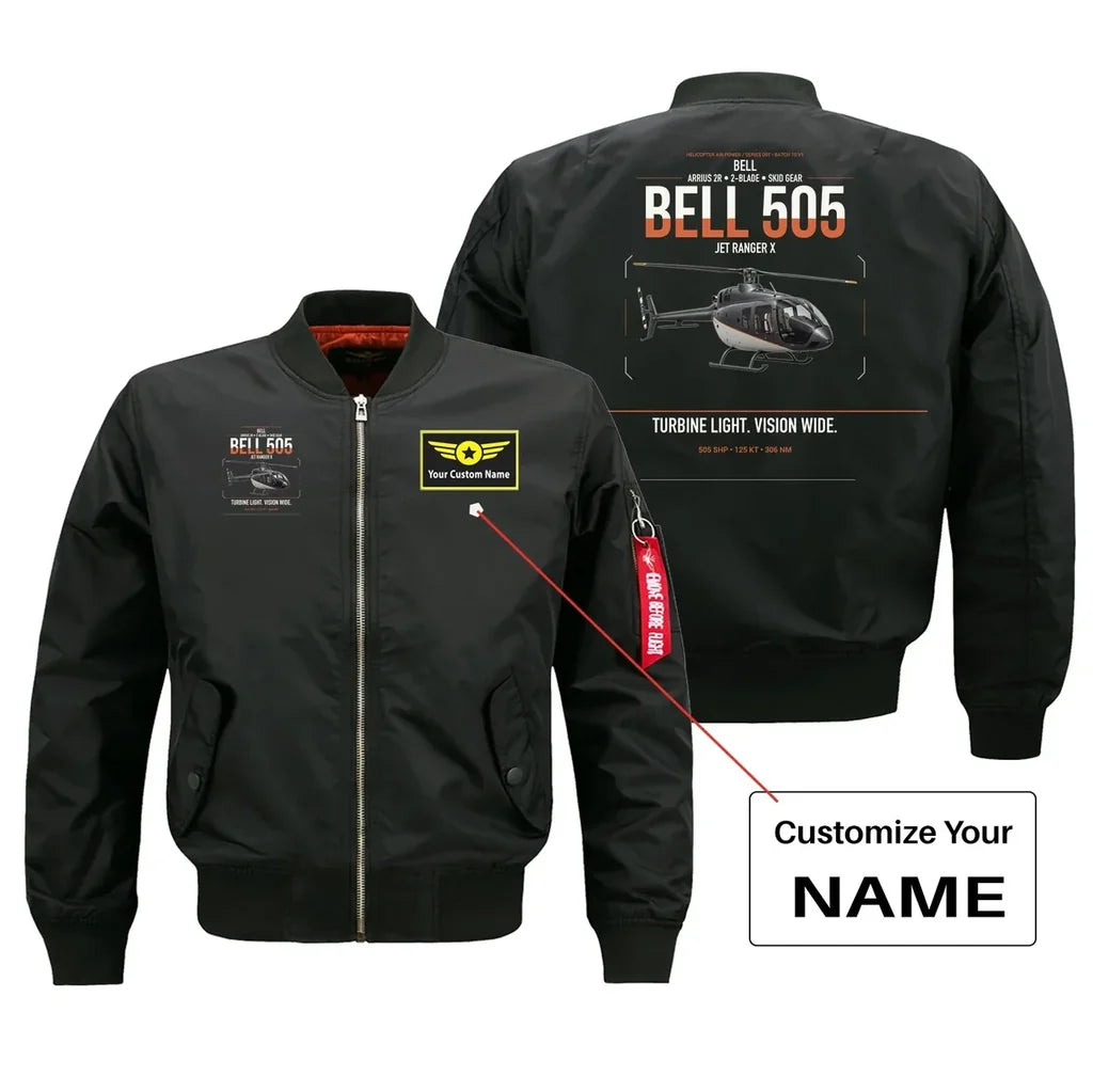 Bell 505 Jet Ranger X design on black+name bomber jacket, double-side print