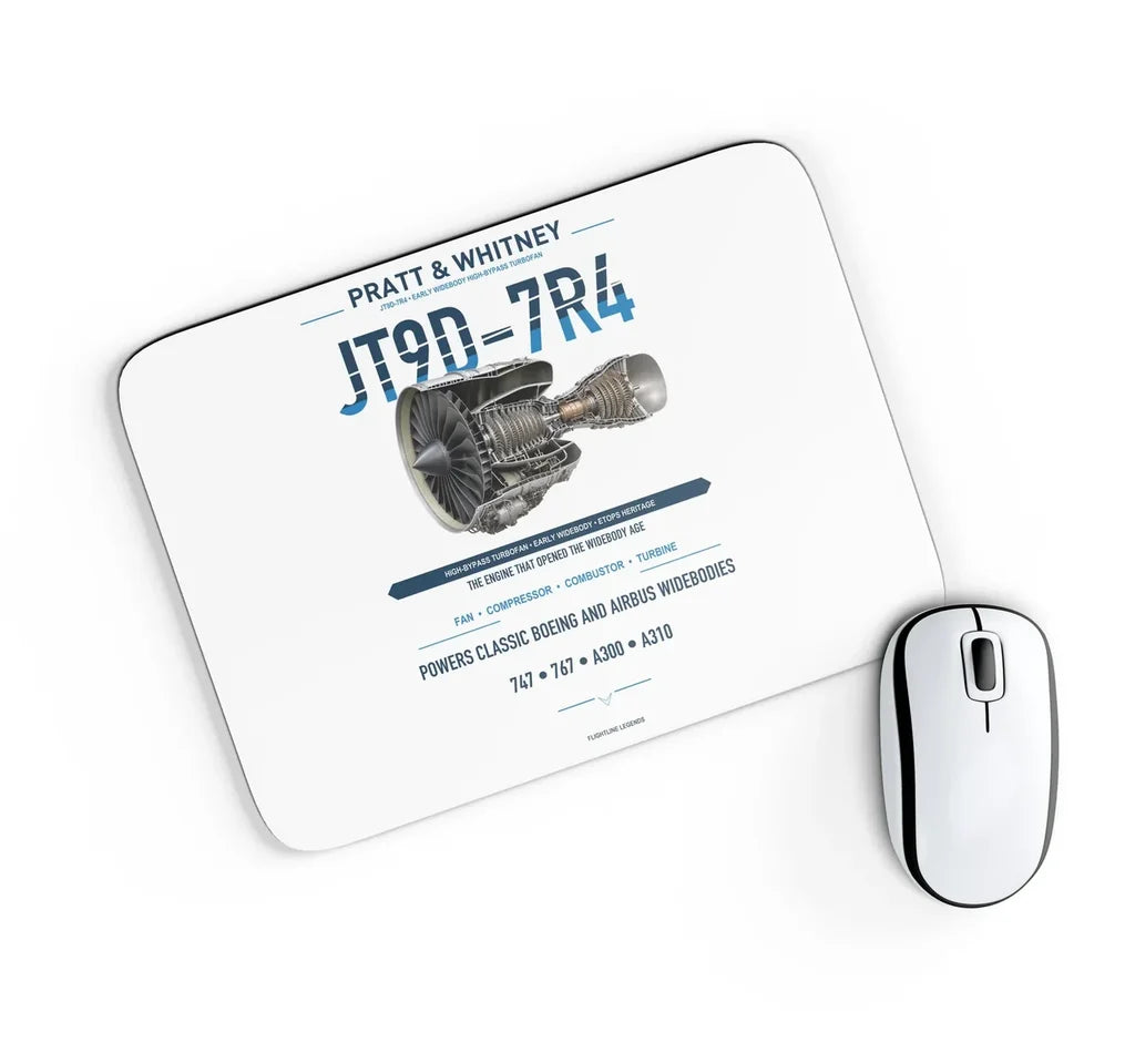 JT9D-7R4 design on white rectangle mouse pad