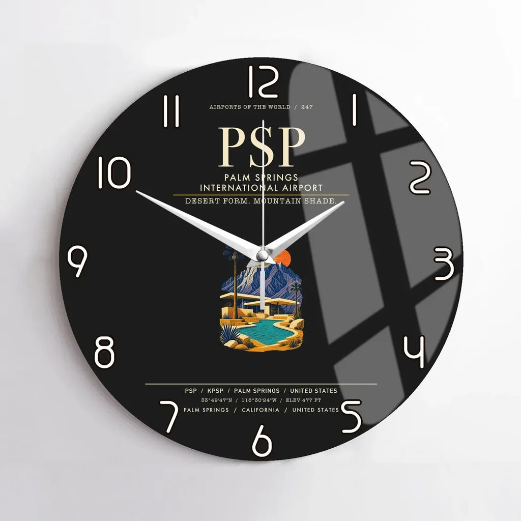 Palm Springs International Airport (PSP) design on black no frame wall clock