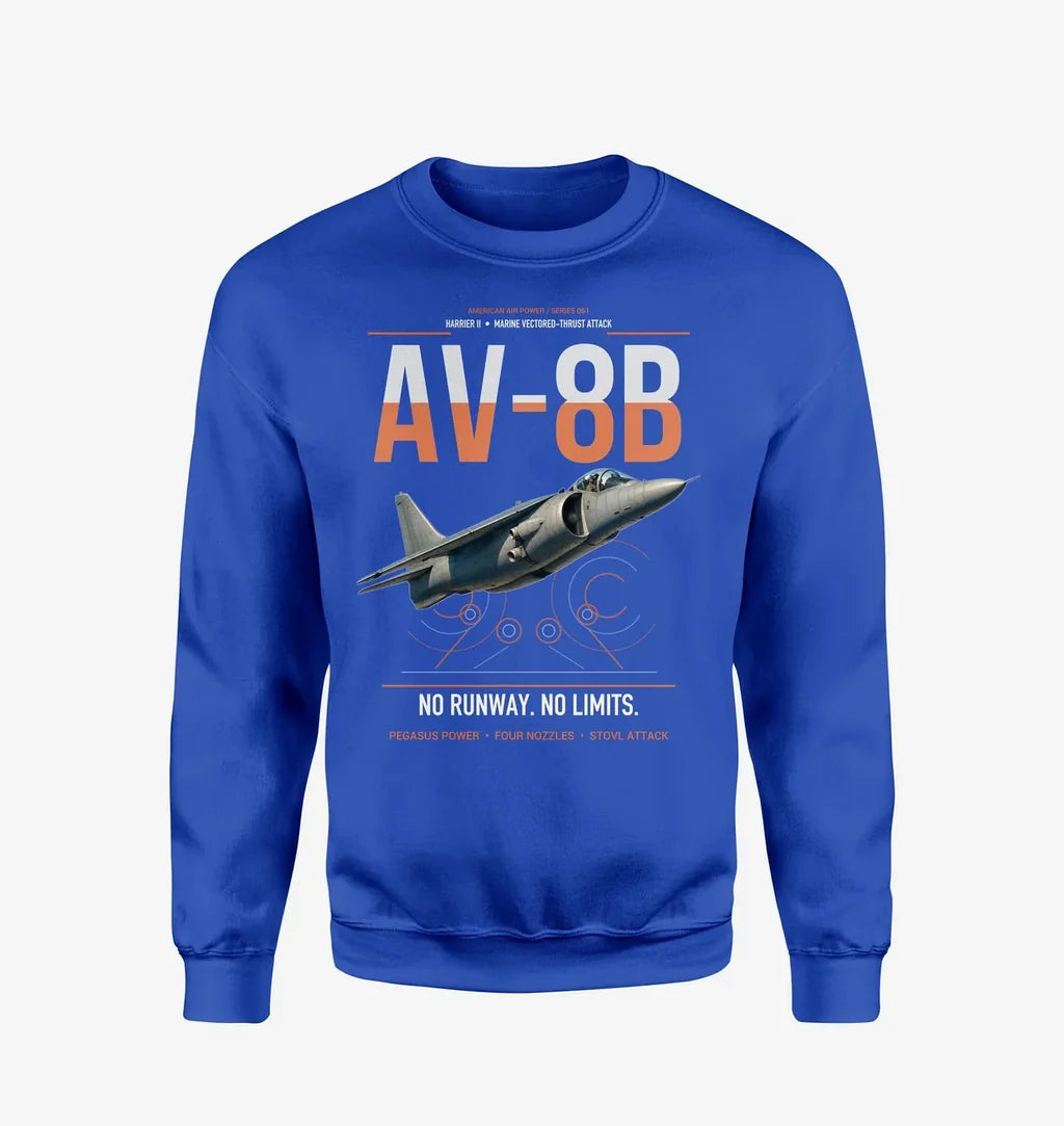 AV-8B Harrier II design on blue sweatshirt