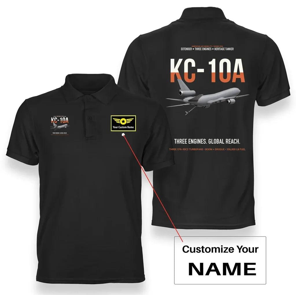 KC-10A EXTENDER design on black+name double-side polo t-shirt, double-side print