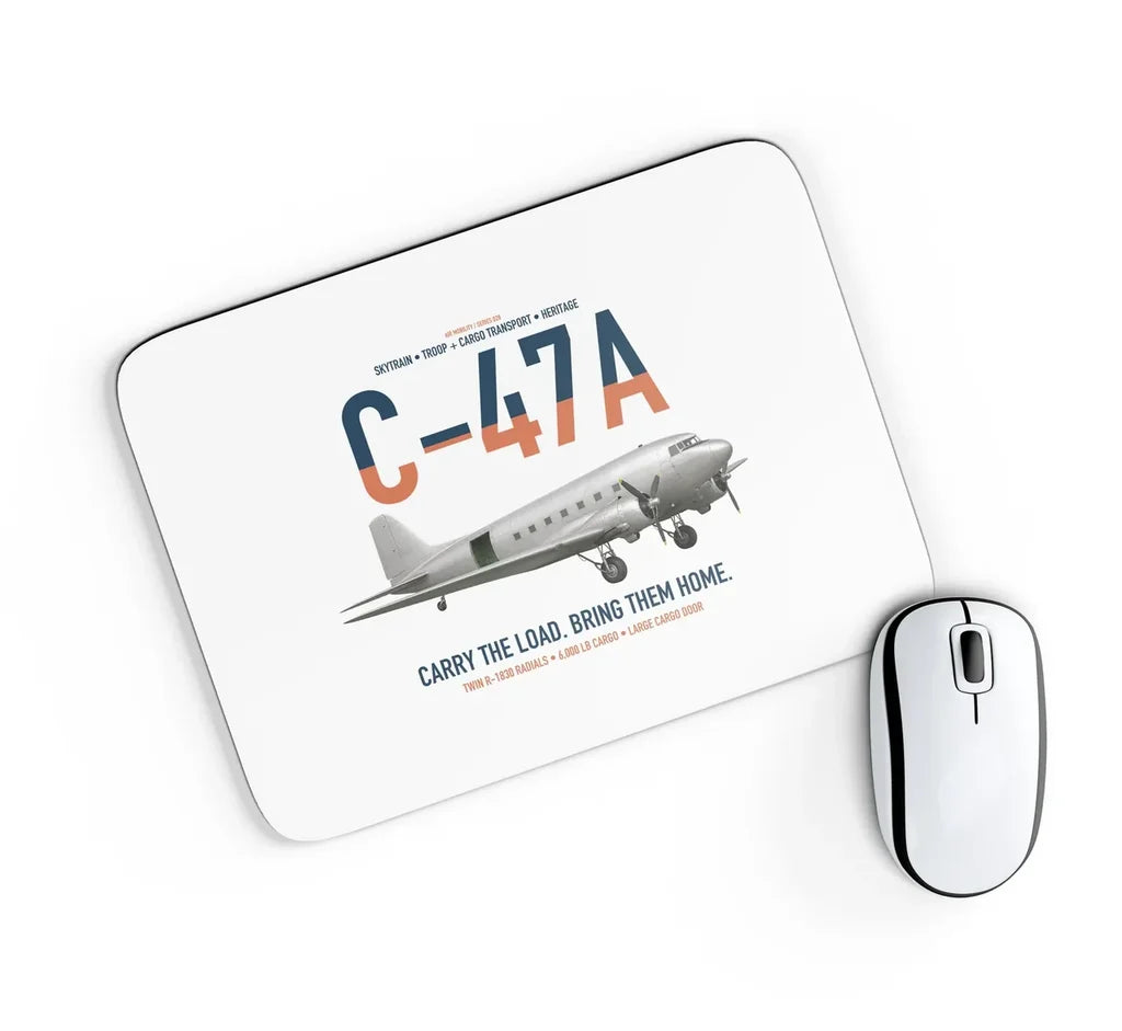 C-47A Skytrain design on white rectangle mouse pad