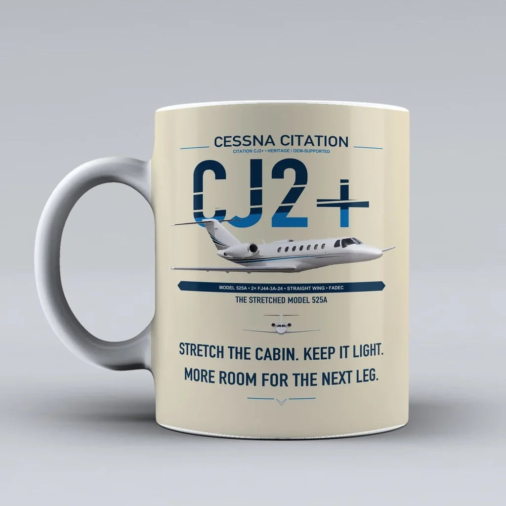 Cessna Citation CJ2+ design on beige ceramic mug, double-side print