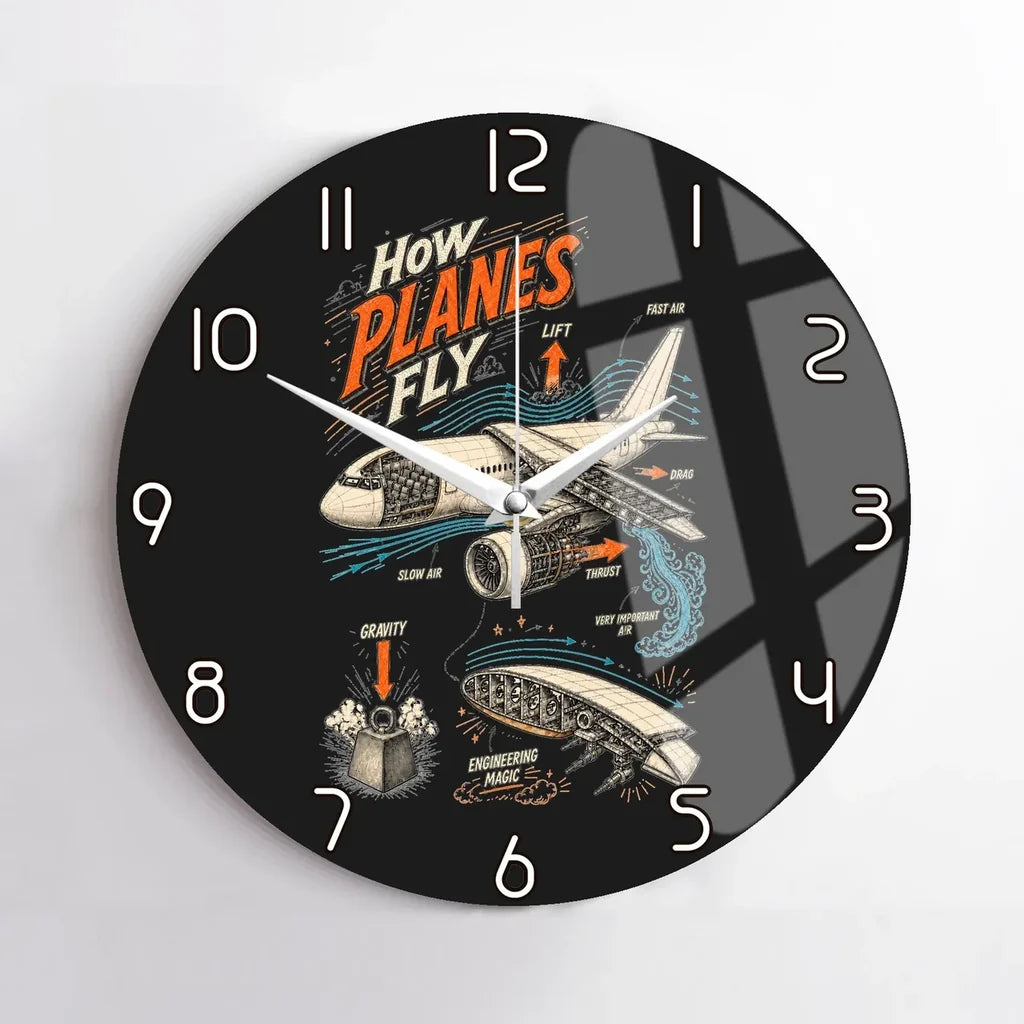 How Planes Fly V2 design on black no frame wall clock