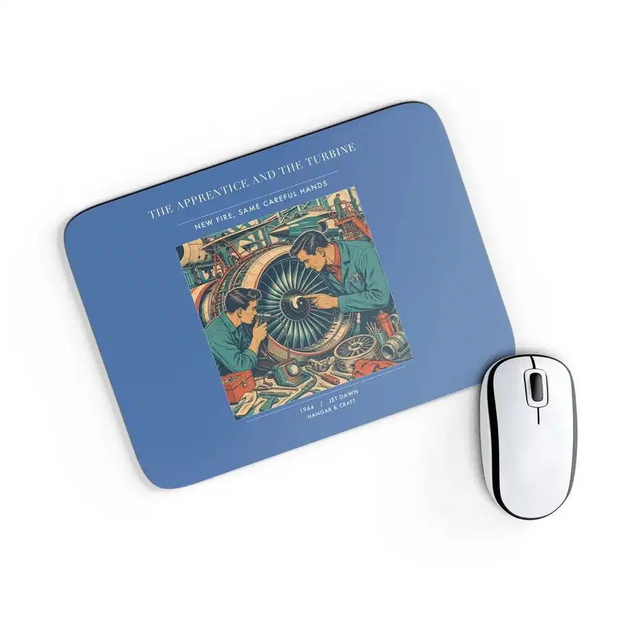 VINTAGE G4470 - The Apprentice And The Turbine - Designed Mouse Pads design on blue rectangle