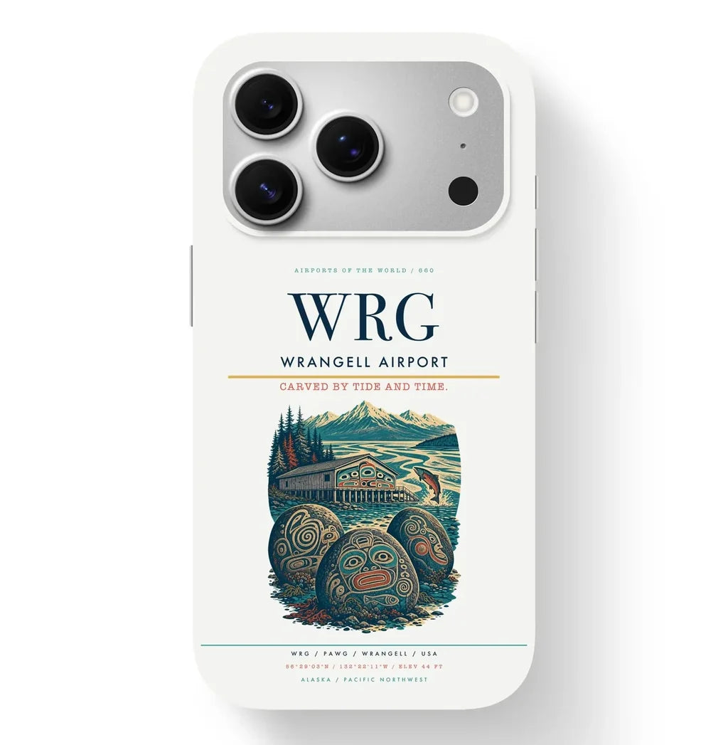 Wrangell Airport (WRG) design on white iPhone 17 Pro MagSafe case
