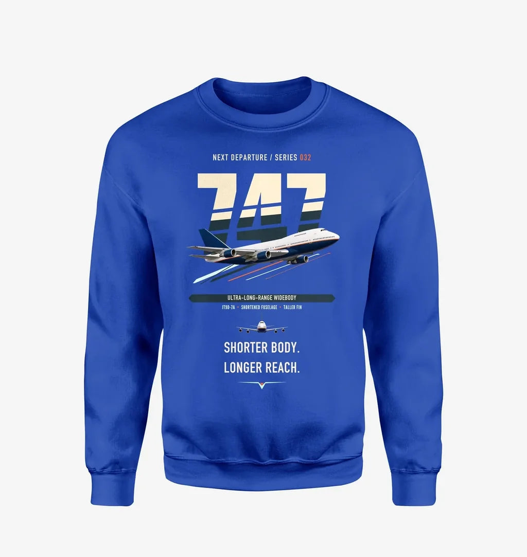 Boeing 747SP design on blue sweatshirt