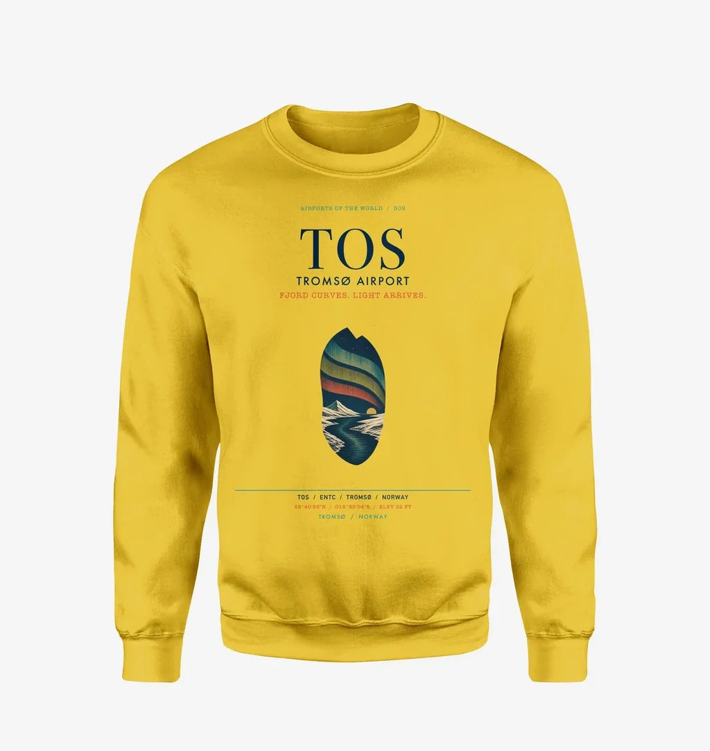 Tromsø Airport (TOS) design on yellow sweatshirt