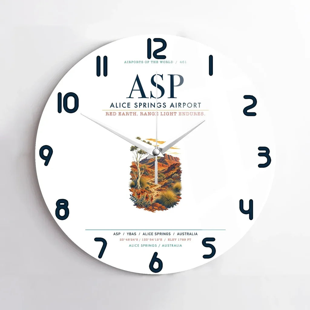 Alice Springs Airport (ASP) design on white no frame wall clock
