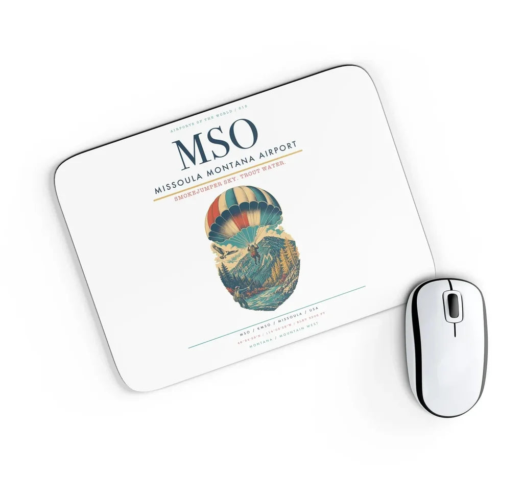 Missoula Montana Airport (MSO) design on white rectangle mouse pad