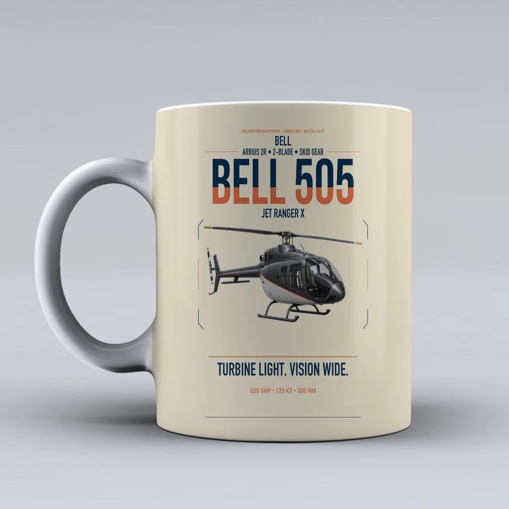 Bell 505 Jet Ranger X design on beige ceramic mug, double-side print