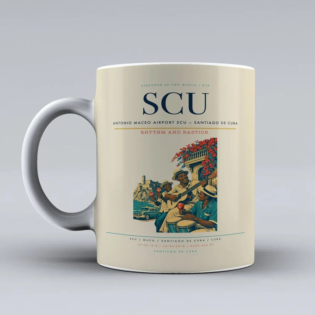 Antonio Maceo Airport (SCU) airport code design on beige ceramic mug