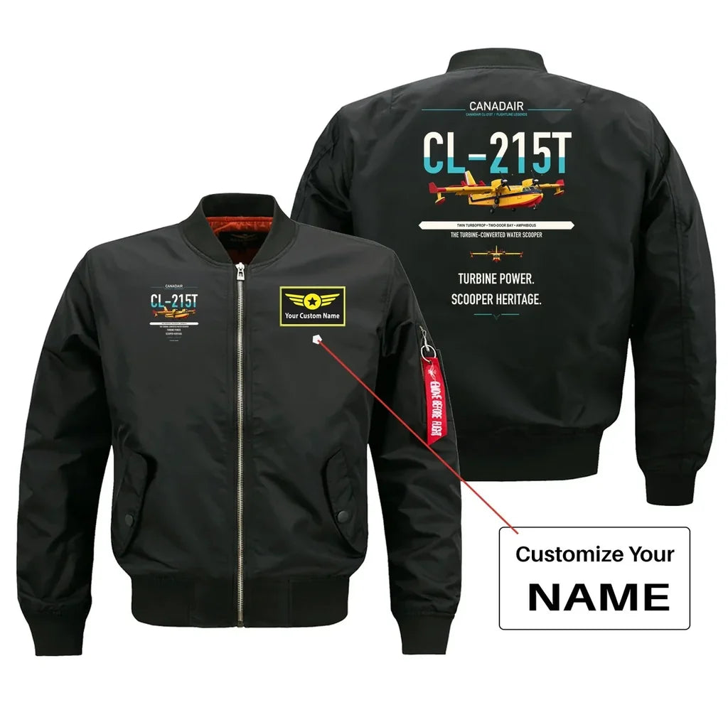 Canadair CL-215T design on black+name bomber jacket, double-side print