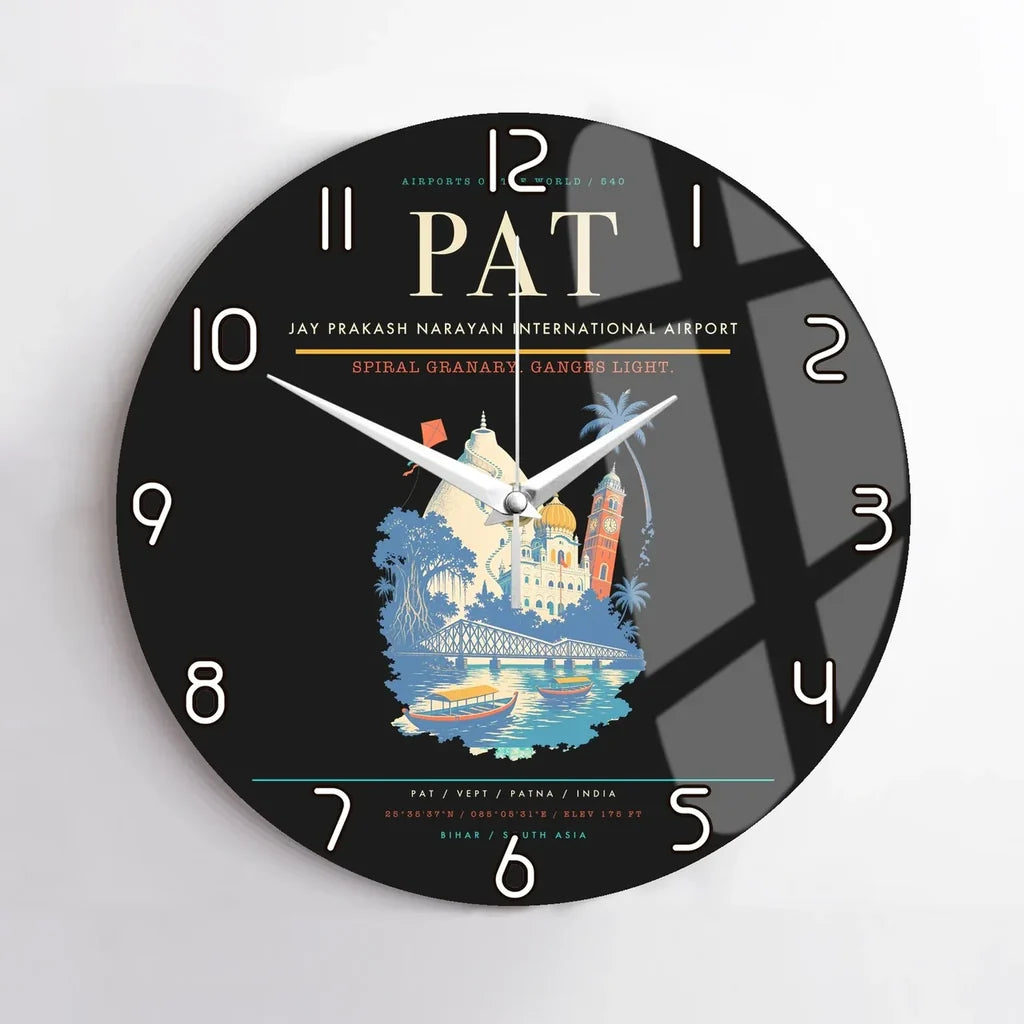 Jay Prakash Narayan International Airport (PAT) design on black no frame wall clock