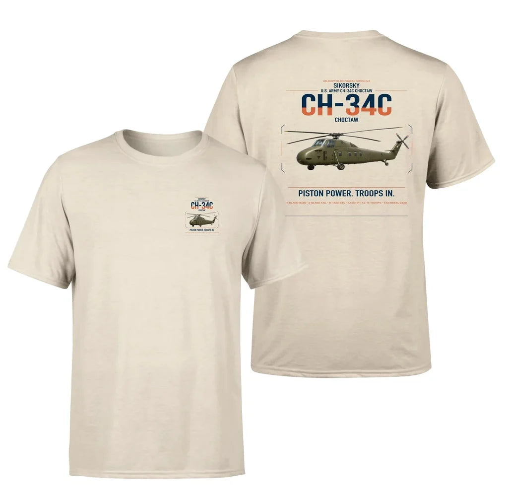Sikorsky CH-34C Choctaw design on beige t-shirt, double-side print