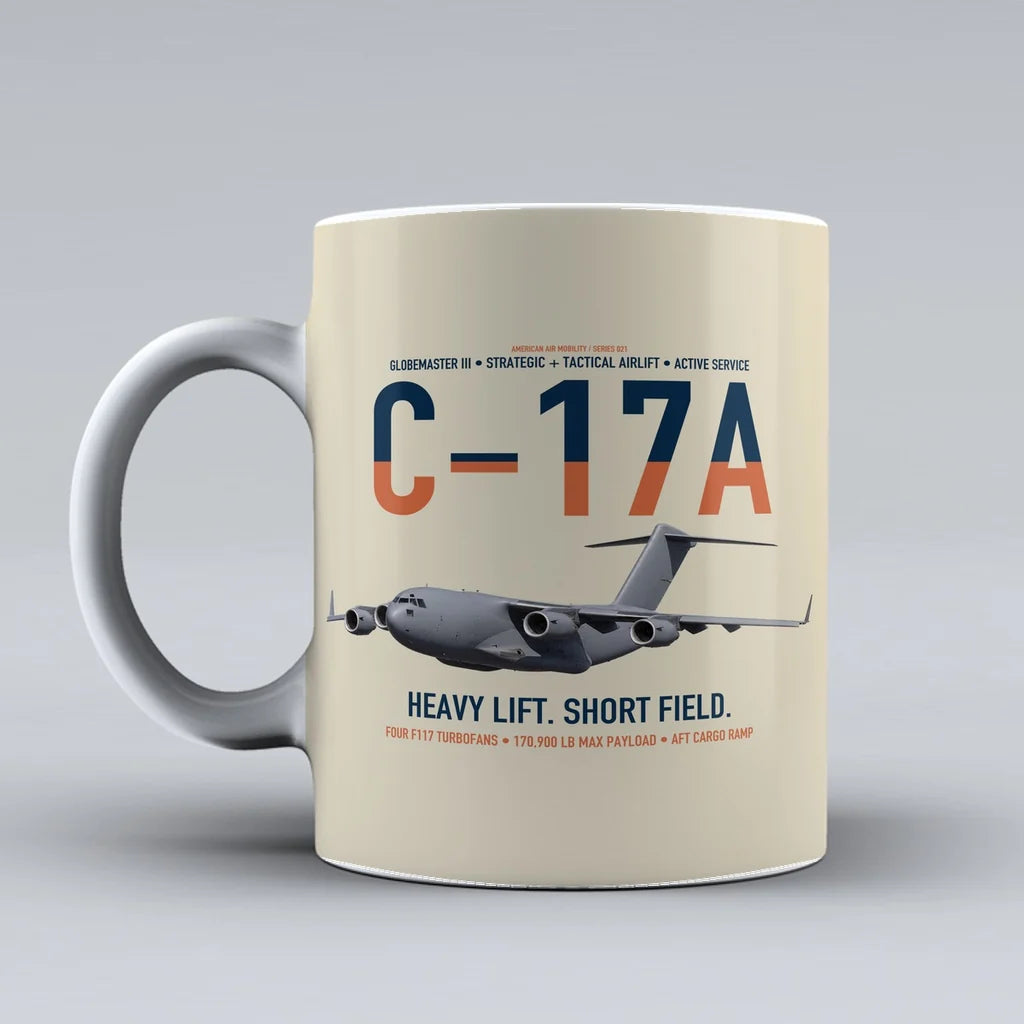 C-17A Globemaster III design on beige ceramic mug, double-side print